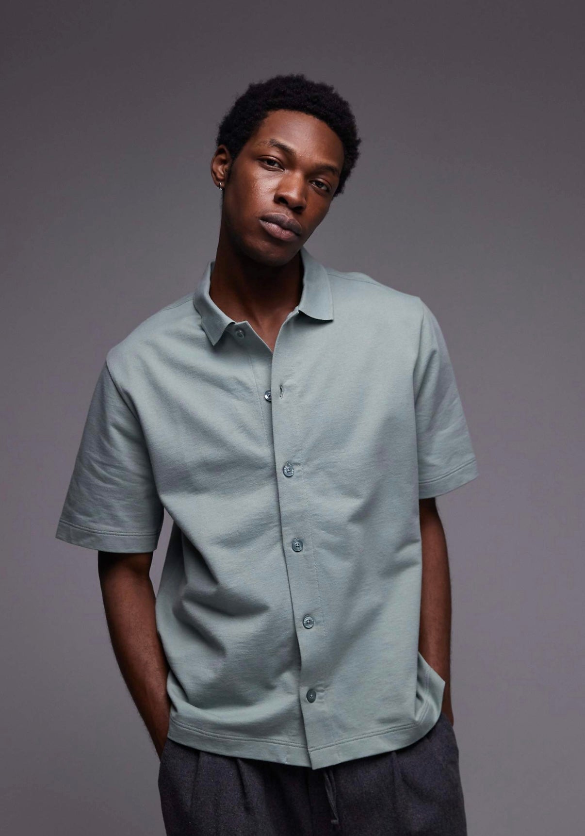 Topman oversized fit button through jersey shirt in sage