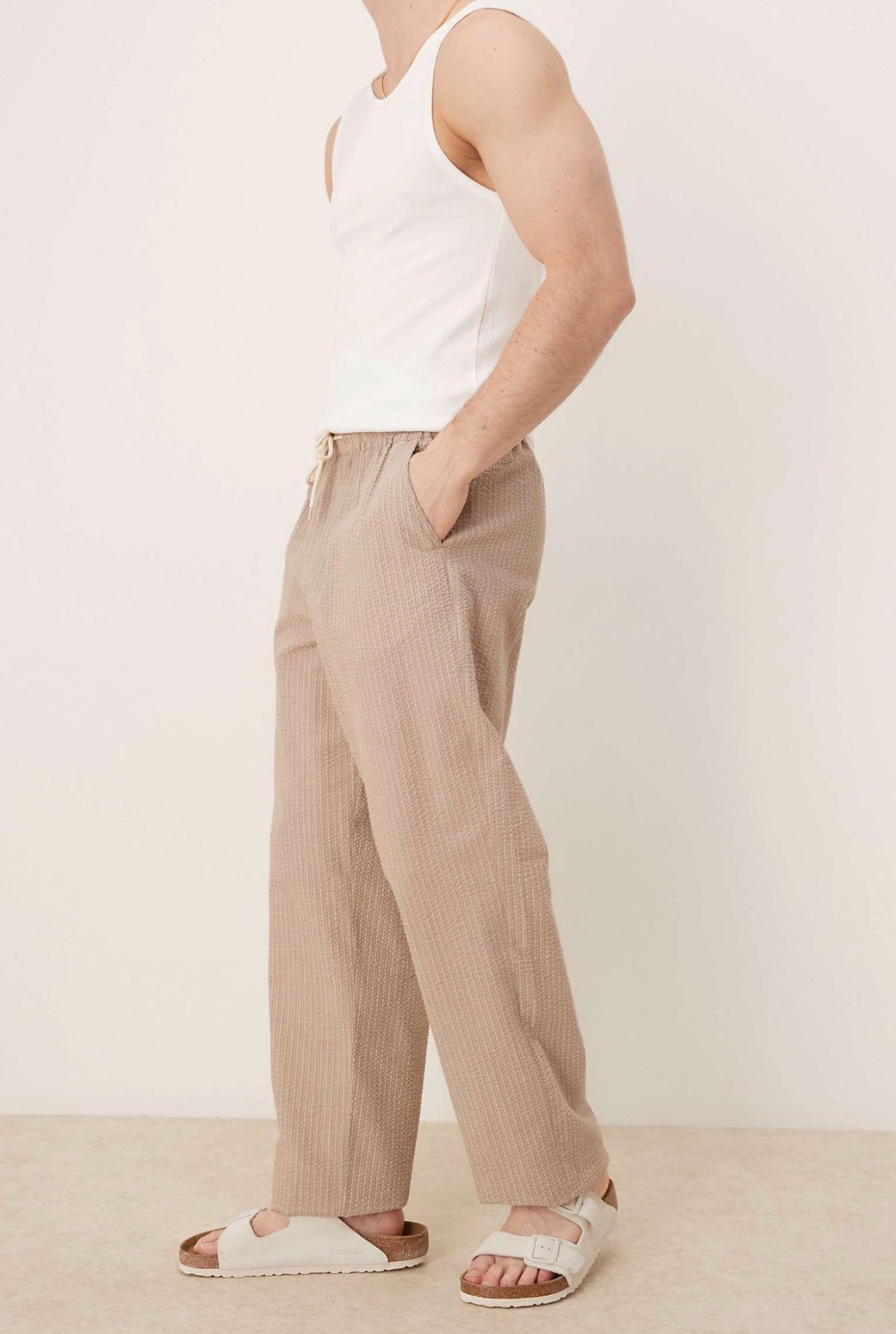 ASOS DESIGN straight fit pull on trouser in beige and white stripe