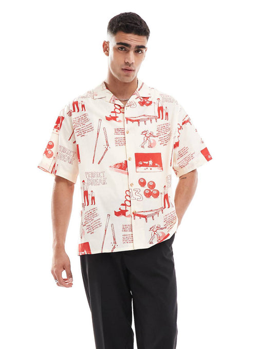 ASOS DESIGN oversized revere shirt with snooker print in ecru