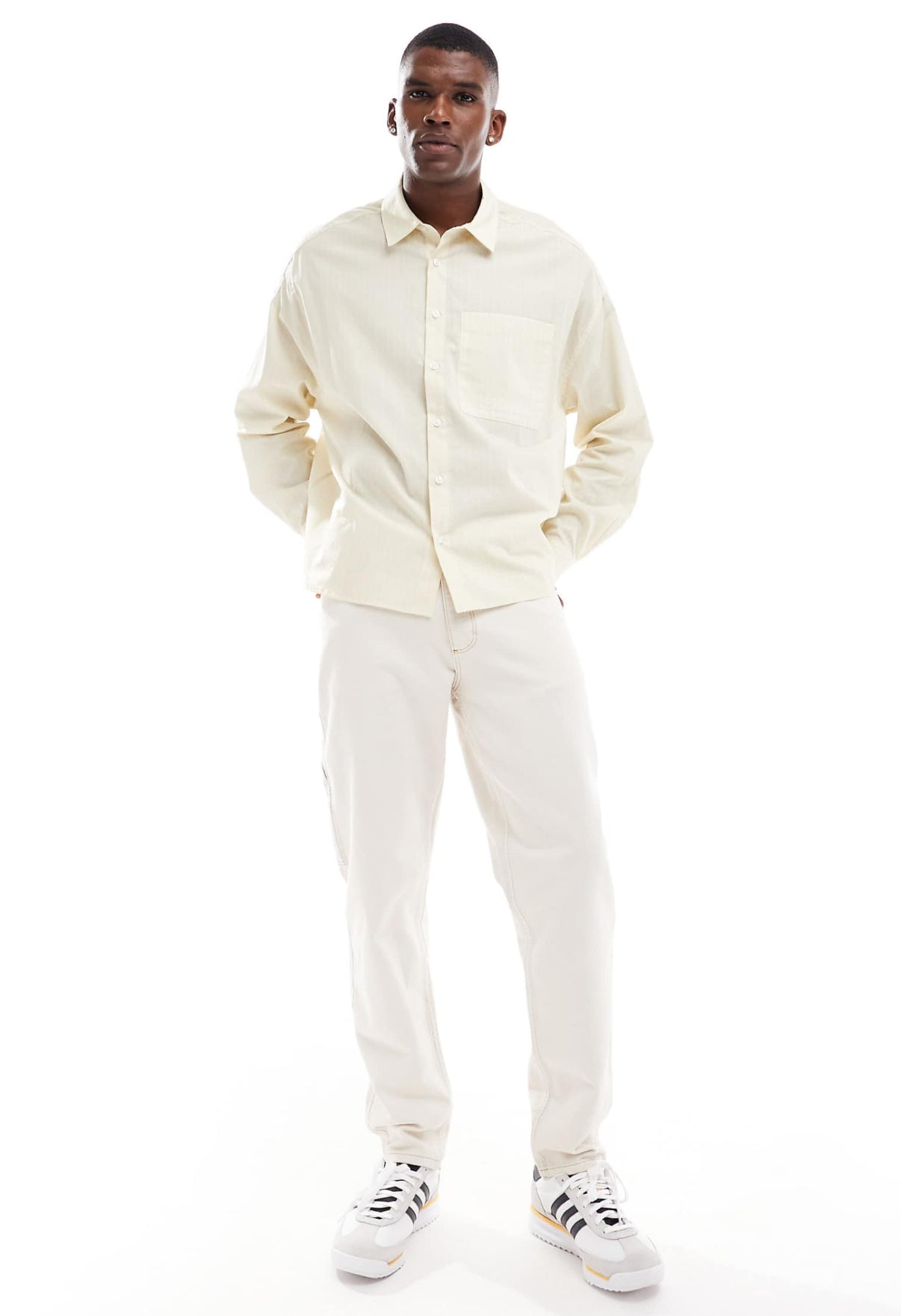 ASOS design volume oversized shirt with embroidery in off white stripe