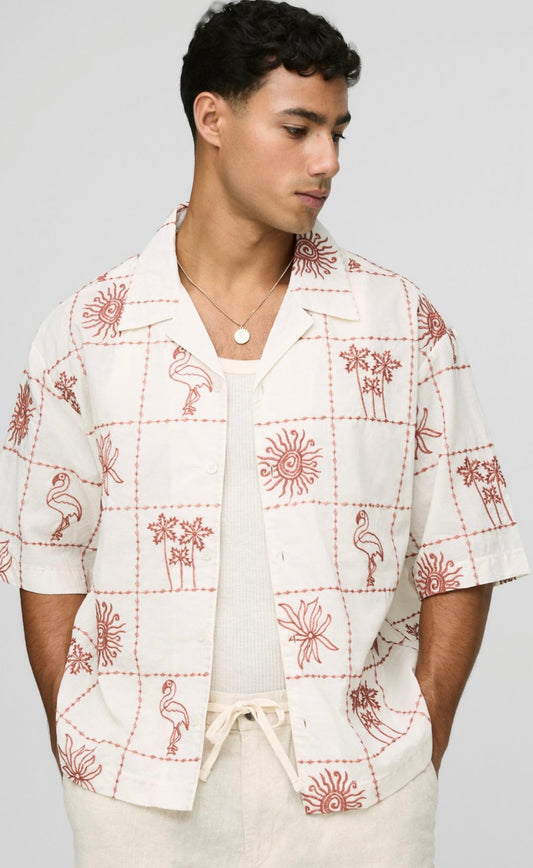 BoohooMAN Oversized Half Sleeve Conversational Embroidered Shirt