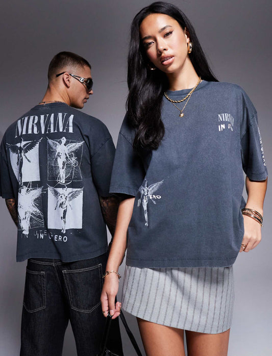ASOS DESIGN unisex boxy fit t-shirt with Nirvana prints in washed black
