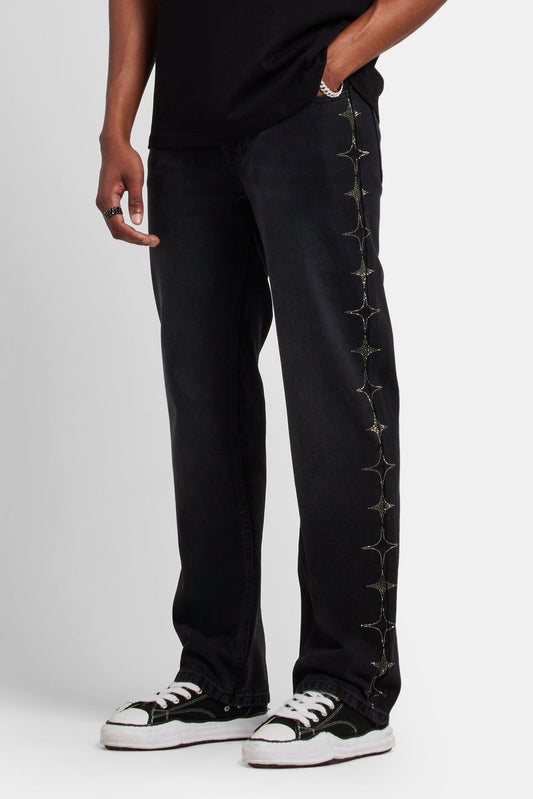 Cernucci Relaxed Rhinestone Star Jeans - Washed Black