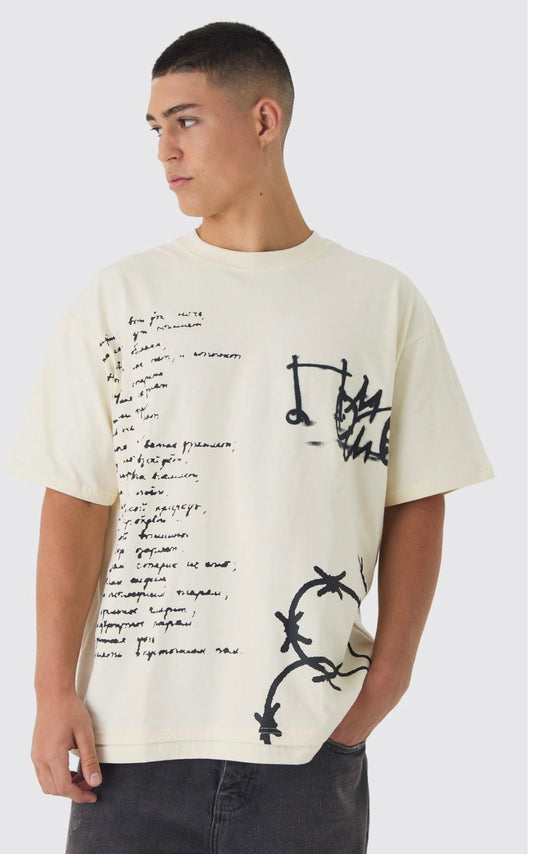 BoohooMAN OVERSIZED HEAVYWEIGHT MULTI DOODLE FAUX HEM PRINT T-SHIRT