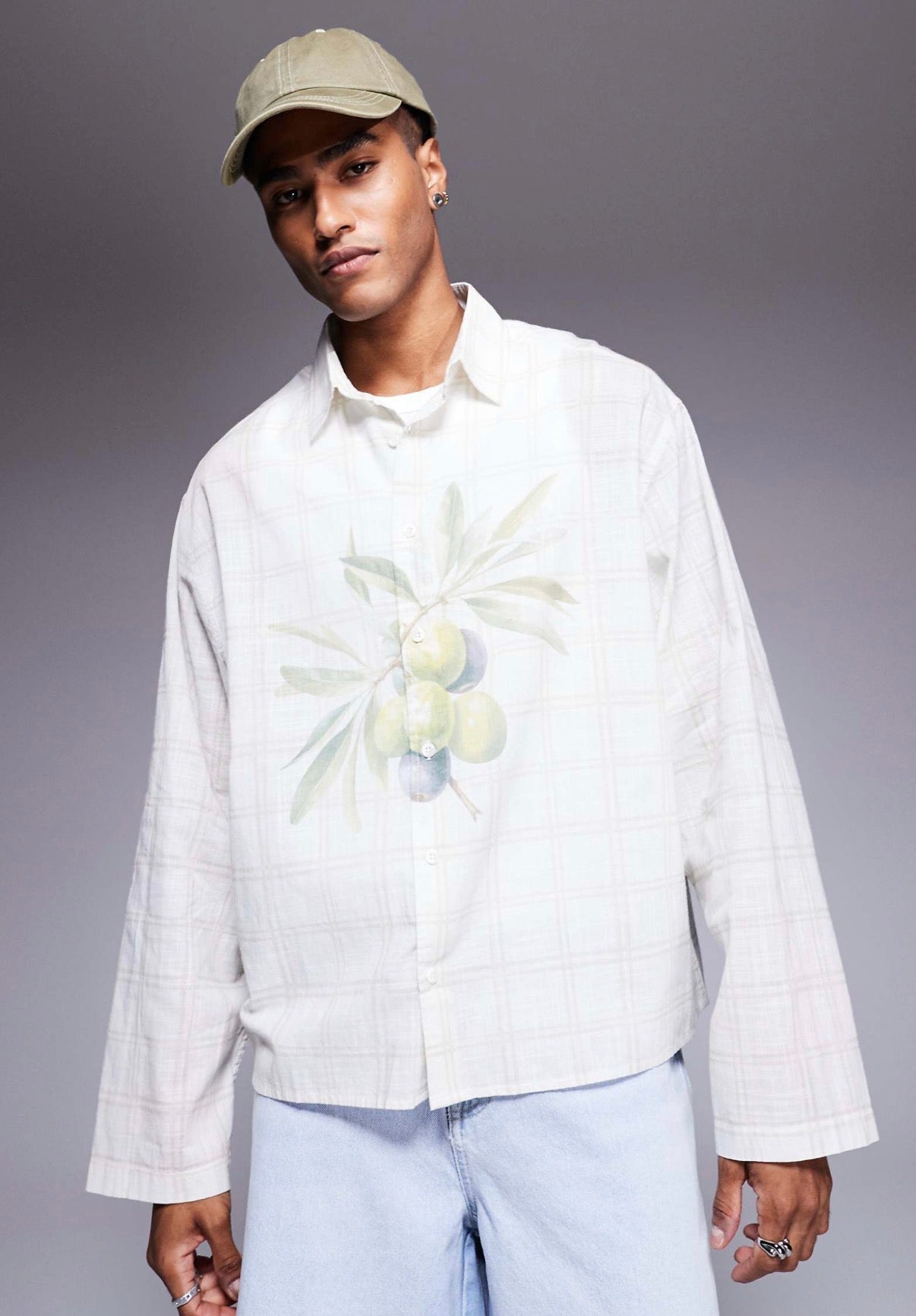 ASOS DESIGN boxy oversized shirt with fruit print in neutral check