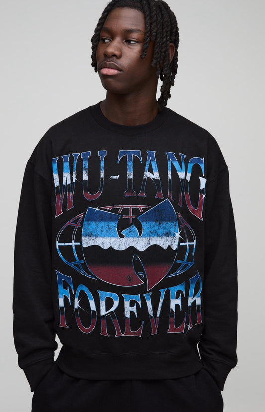 BoohooMAN OVERSIZED WU-TANG CLANG BAND LICENSE PRINT SWEATSHIRT