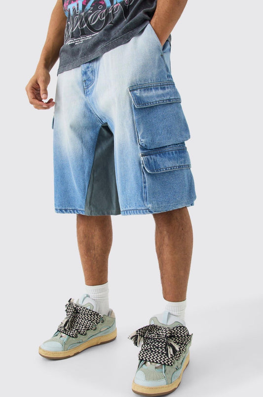 BoohooMAN Multi Pocket Gusset Detail Denim Parachute Shorts