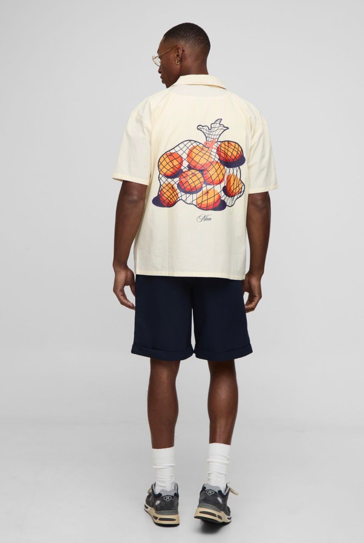BoohooMAN Oversized Revere Fruit Print Stripe Shirt