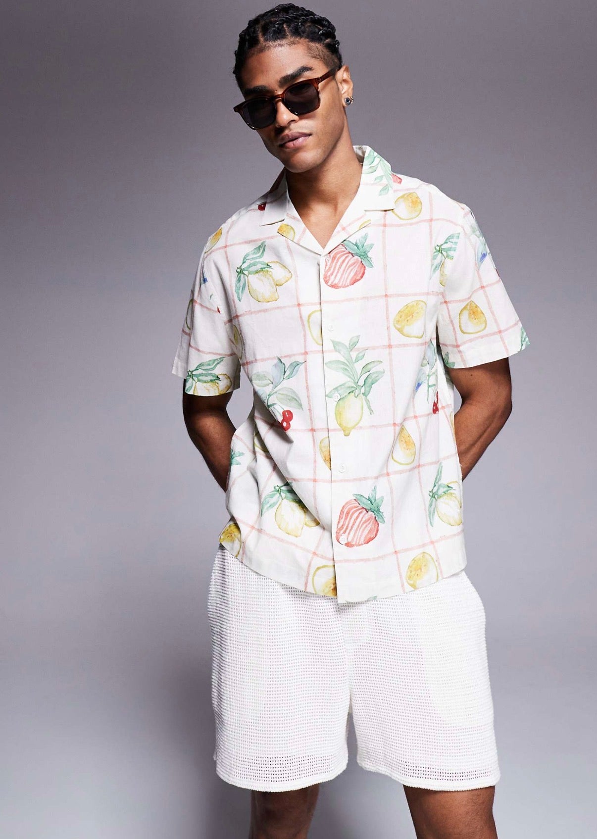 ASOS DESIGN oversized revere shirt with fruit print in beige