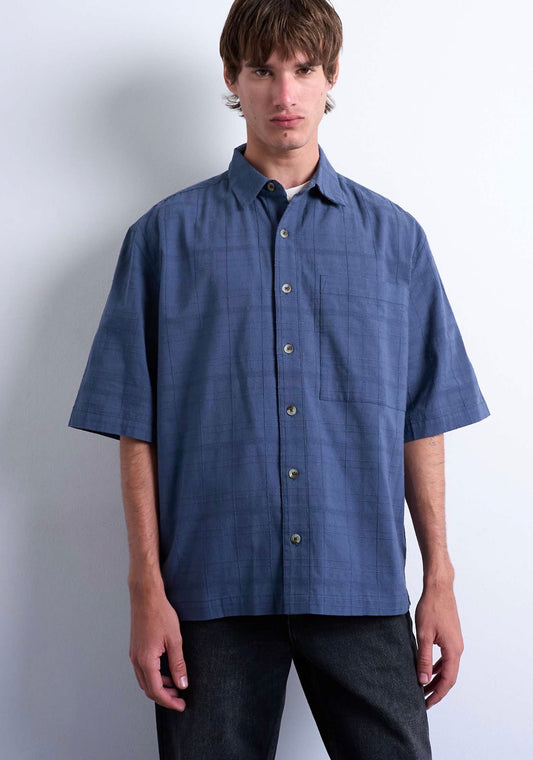 Topman short sleeve boxy textured shirt in mid blue