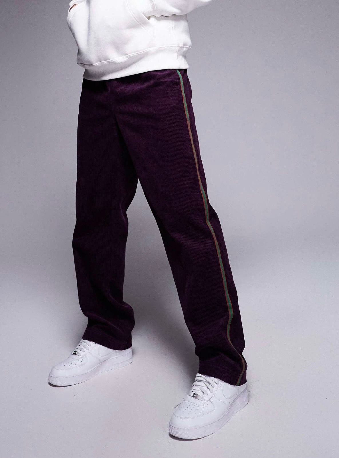 ASOS DESIGN pull on trouser in purple cord with stripe detail