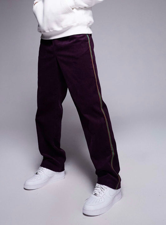 ASOS DESIGN pull on trouser in purple cord with stripe detail