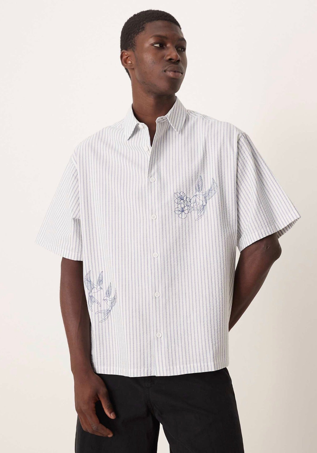 ASOS DESIGN oversized seersucker stripe shirt in beige with embroidery