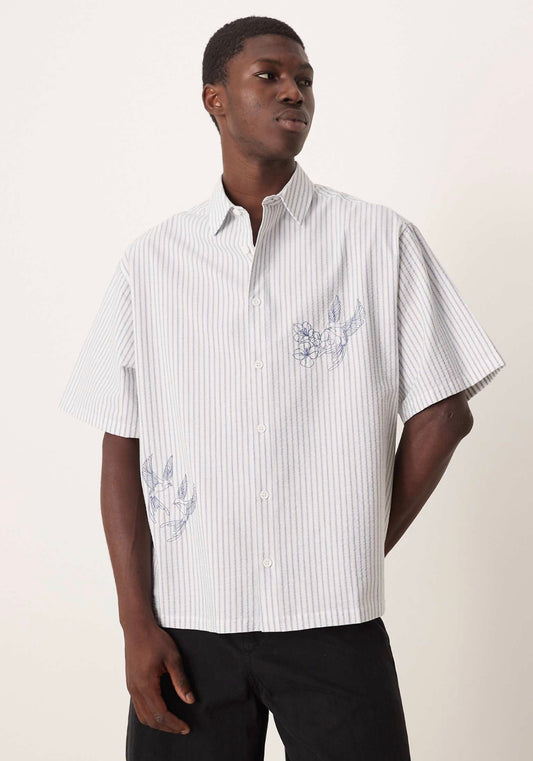 ASOS DESIGN oversized seersucker stripe shirt in beige with embroidery