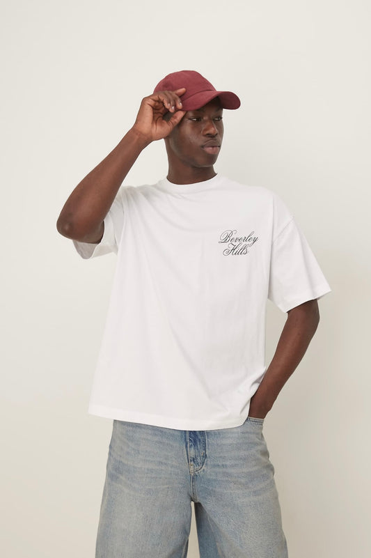 ASOS DESIGN oversized t-shirt with Beverly Hills graphic in white