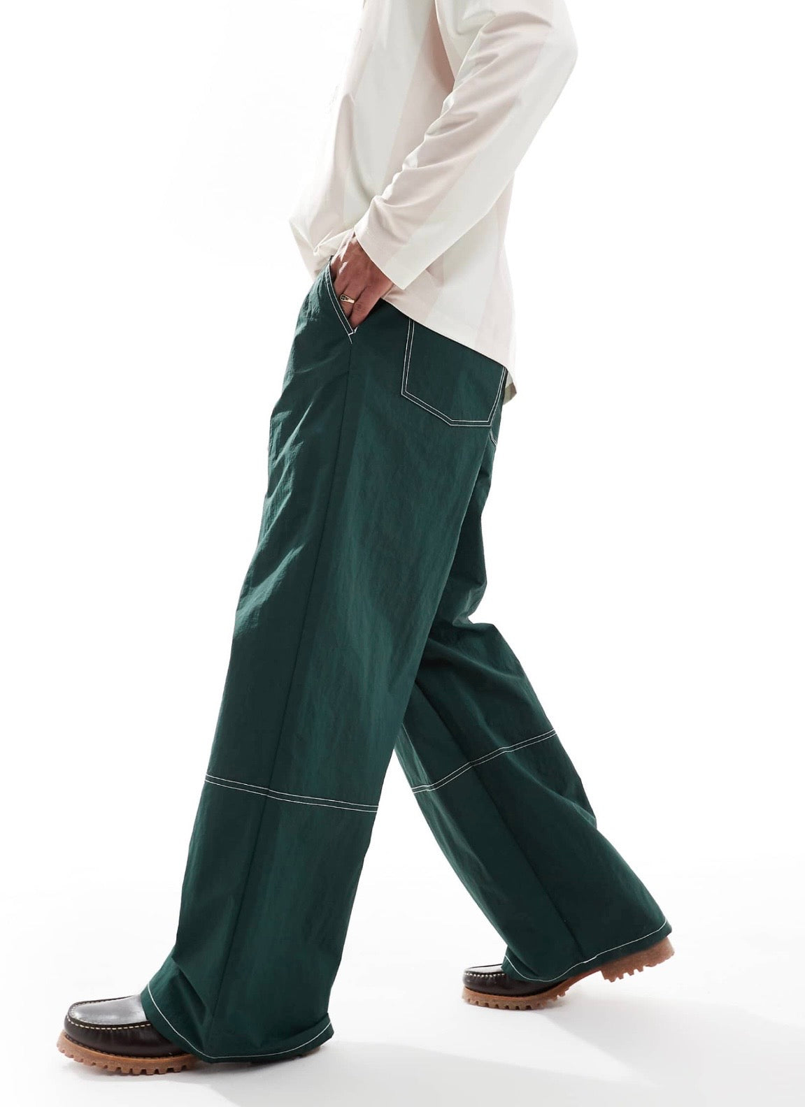 ASOS DESIGN baggy trouser in green nylon with contrast stitch