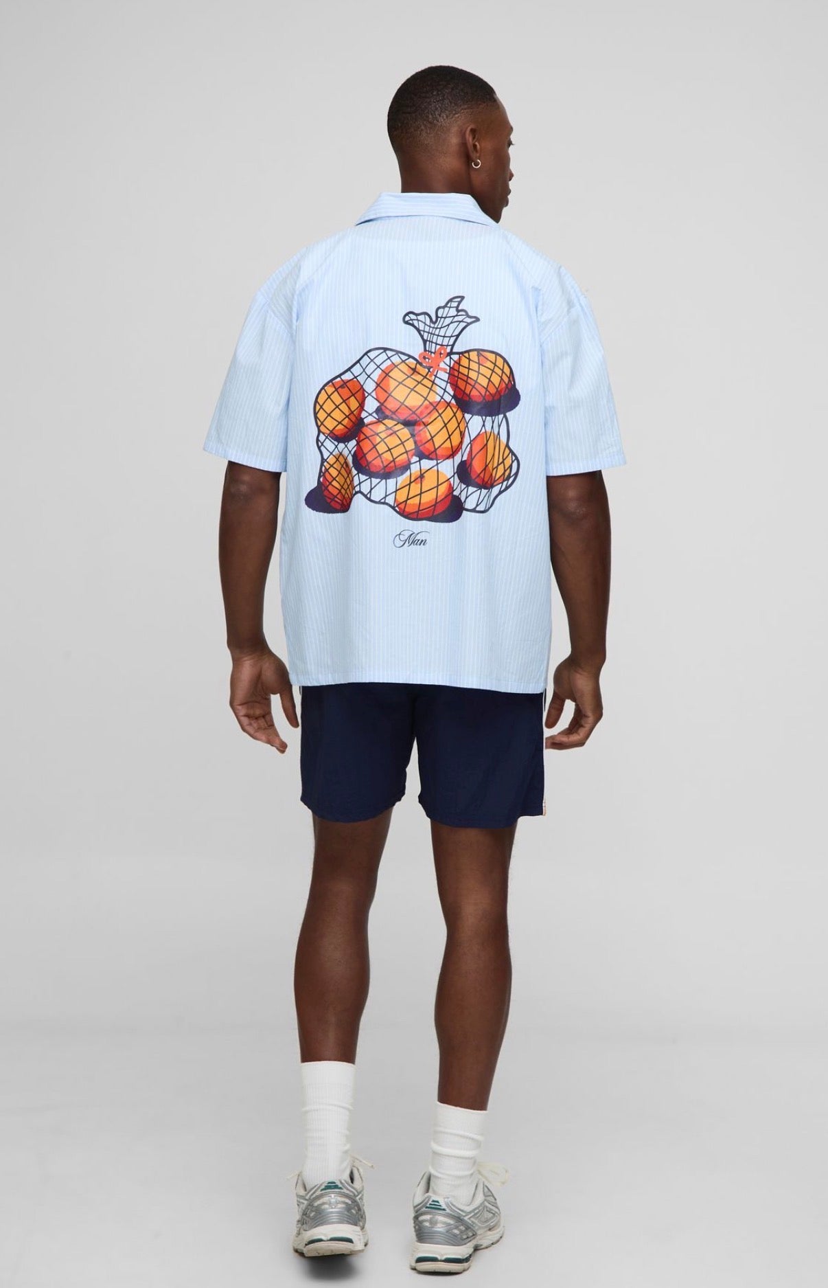 BoohooMAN Oversized Revere Fruit Print Stripe Shirt