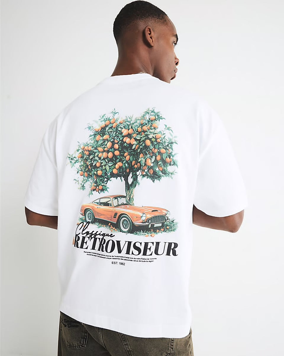 River Island Mens T-Shirt White Retroviseur Orange Tree Car