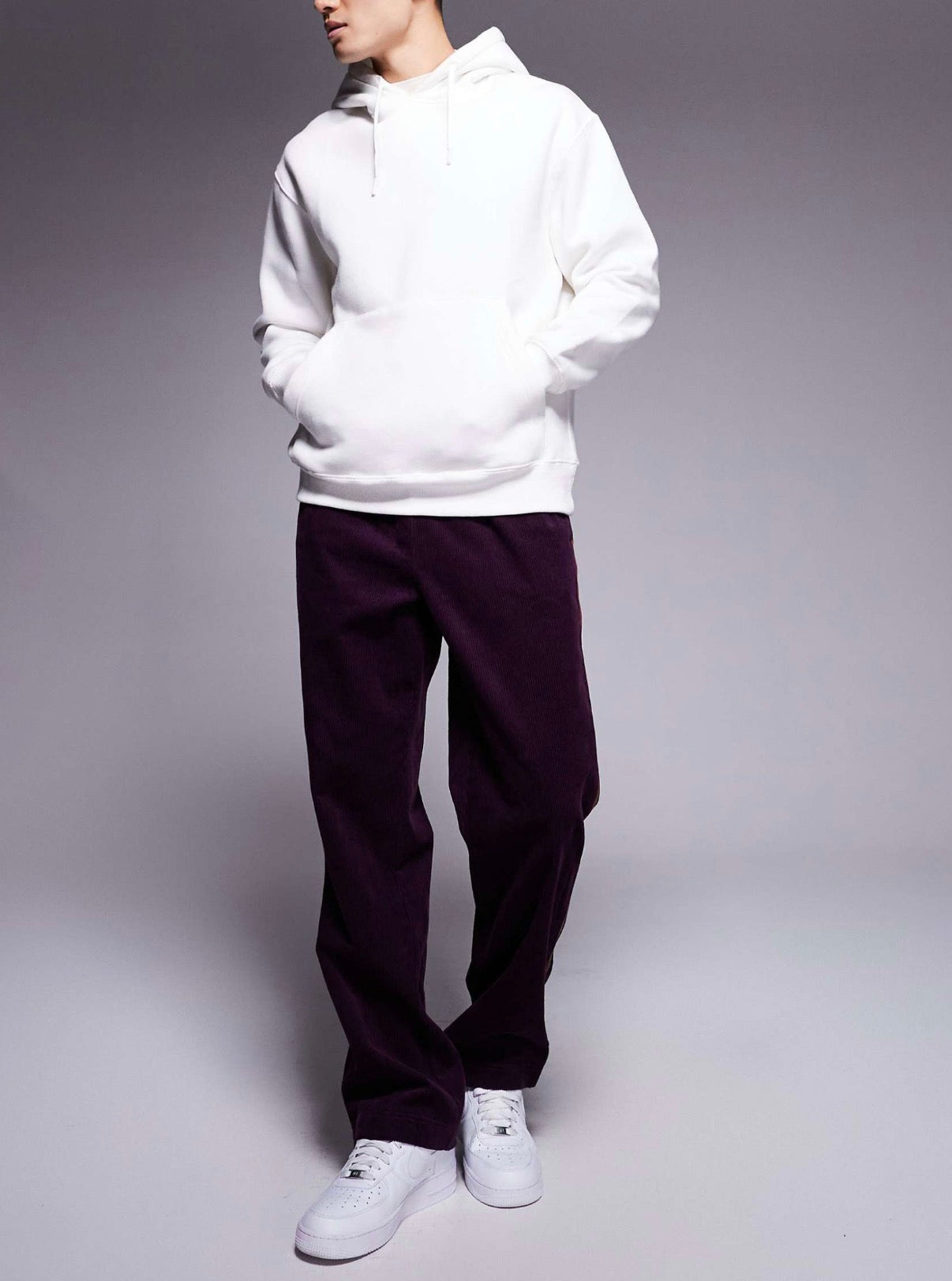 ASOS DESIGN pull on trouser in purple cord with stripe detail