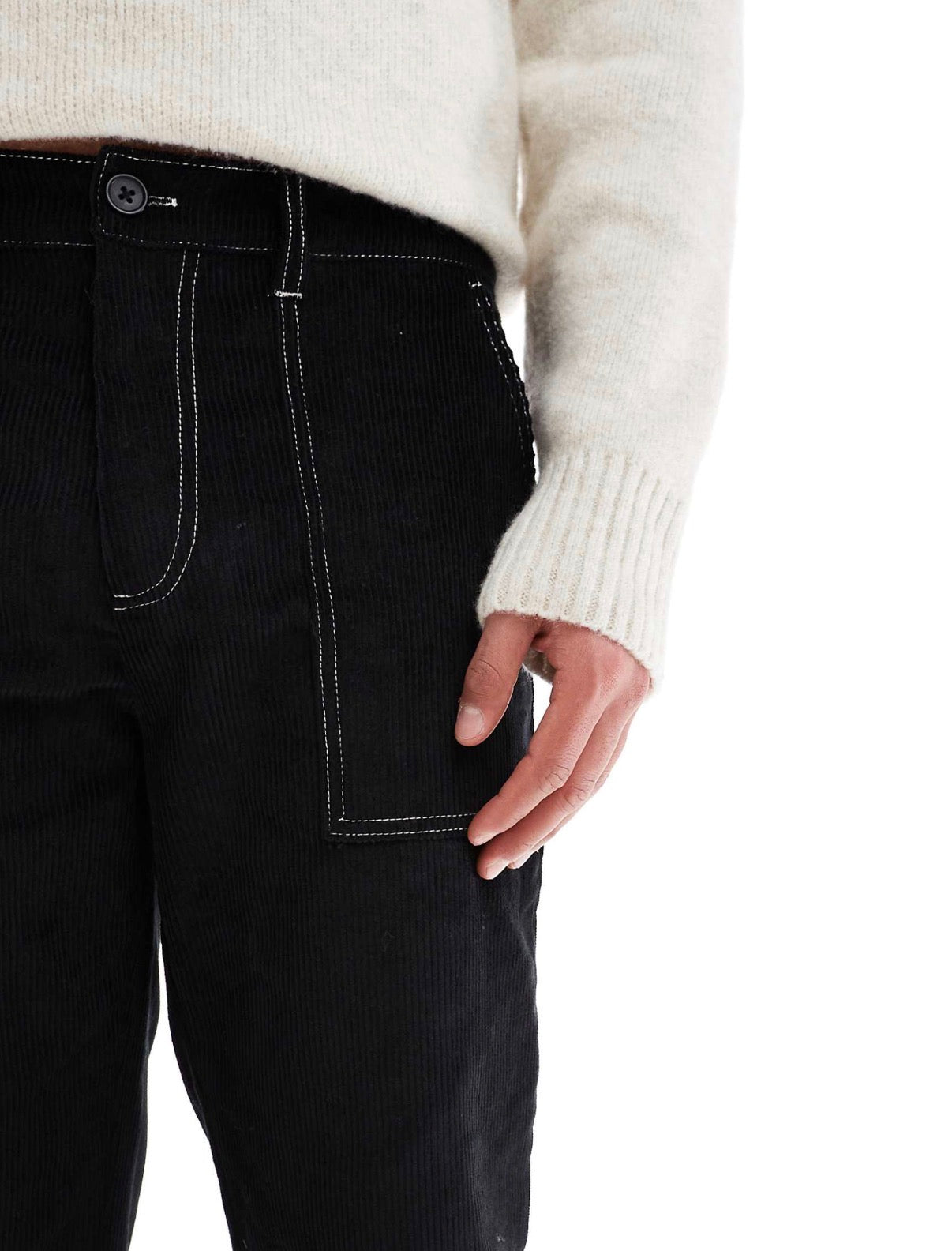 ASOS DESIGN straight leg cord trousers with contrast stitch in black