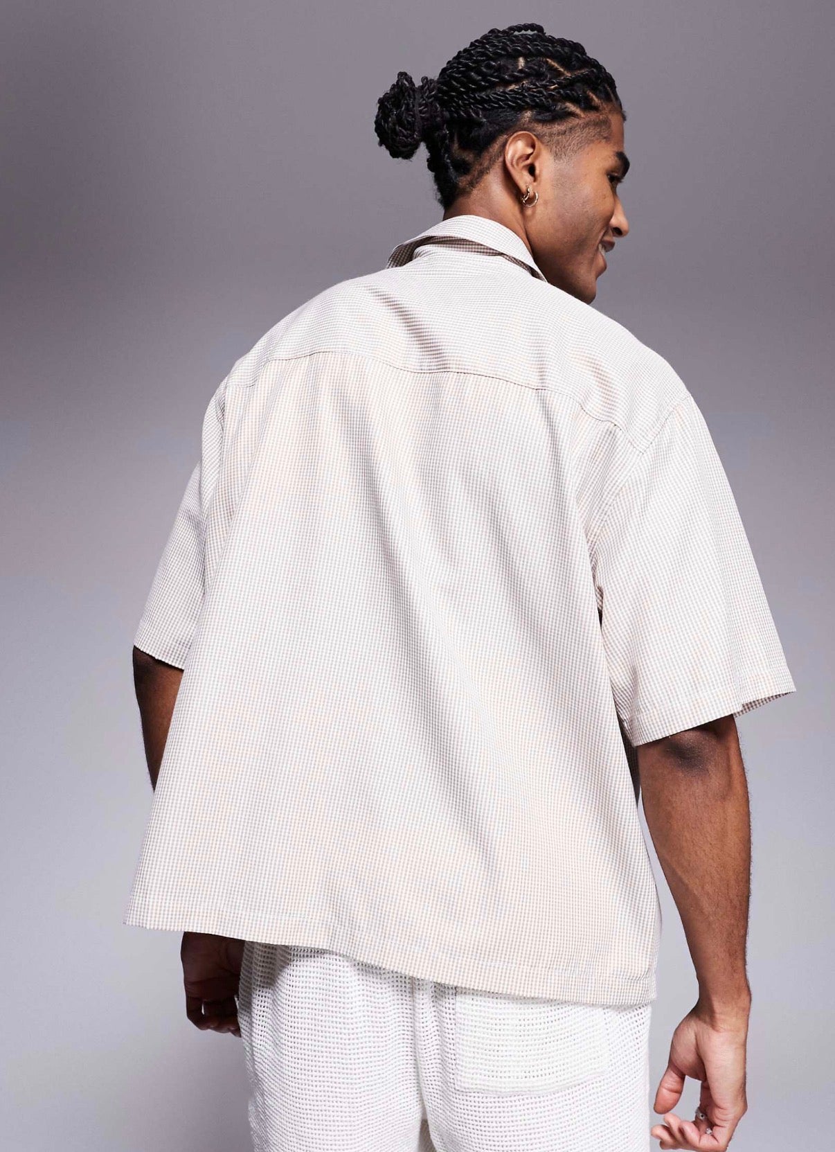 ASOS DESIGN boxy oversized check shirt with chest embroidery in beige