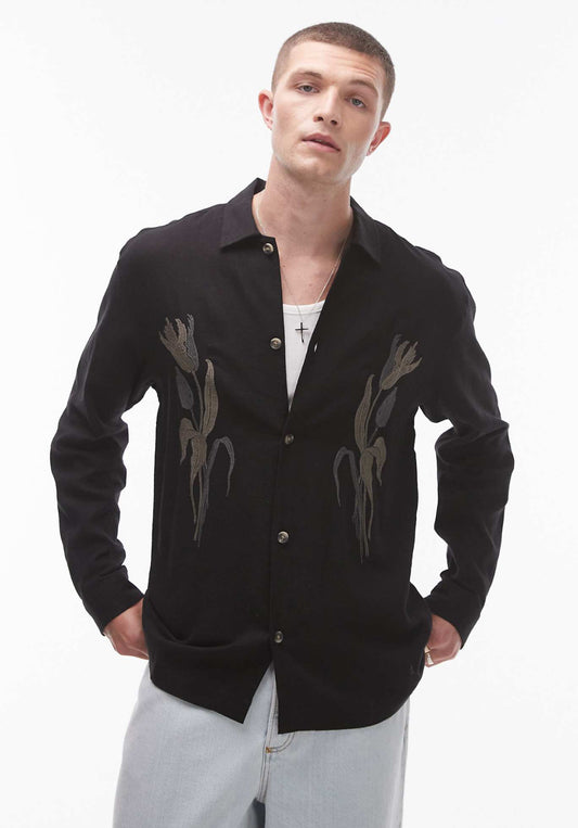 Topman long sleeve embroidered front shirt in black