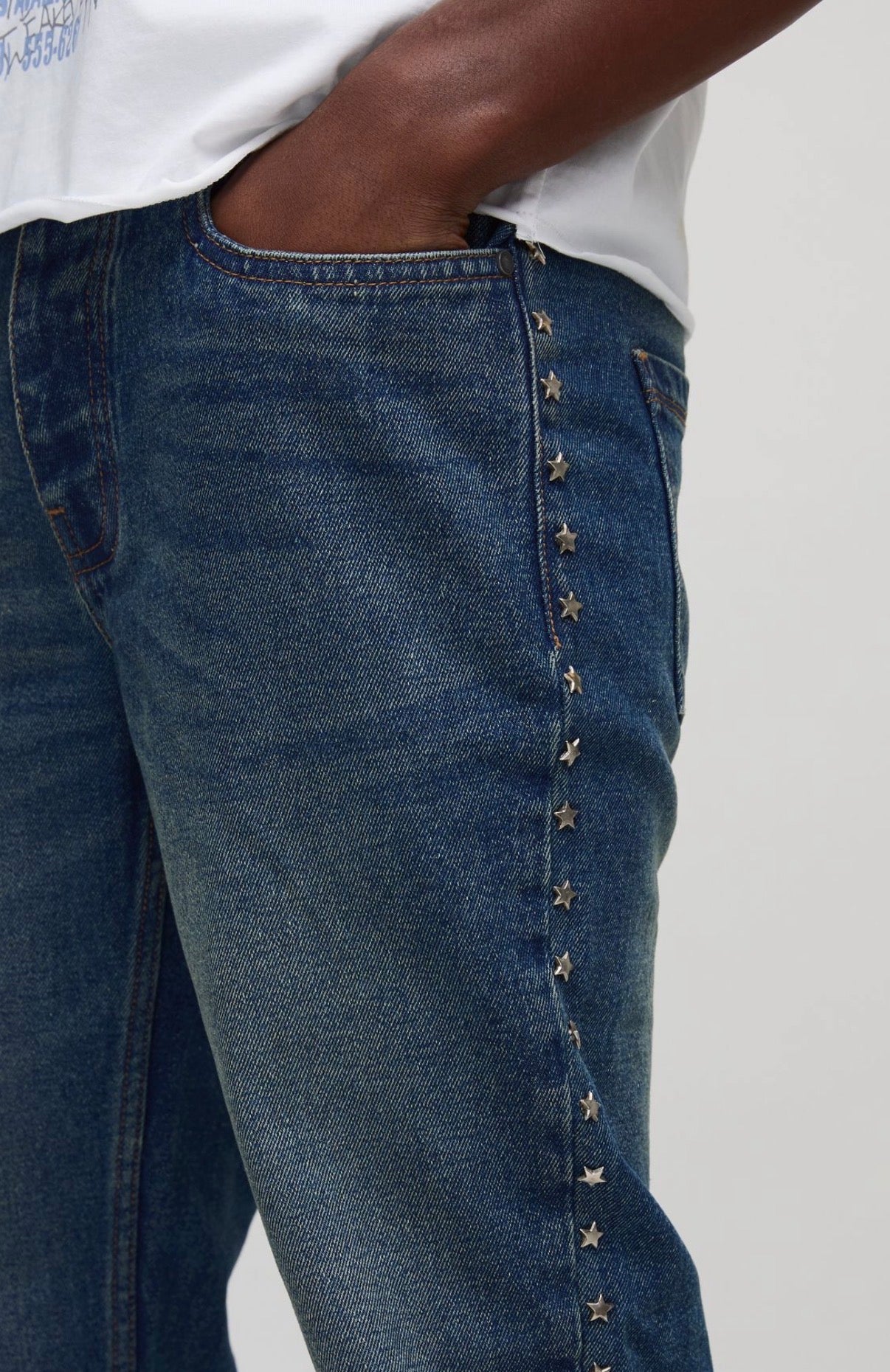 BoohooMAN Slim Flared Antique Blue Star Studded Jeans