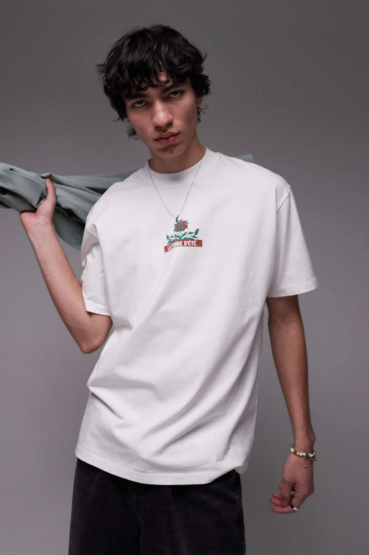 Topman t-shirt with front and back roses print in ecru