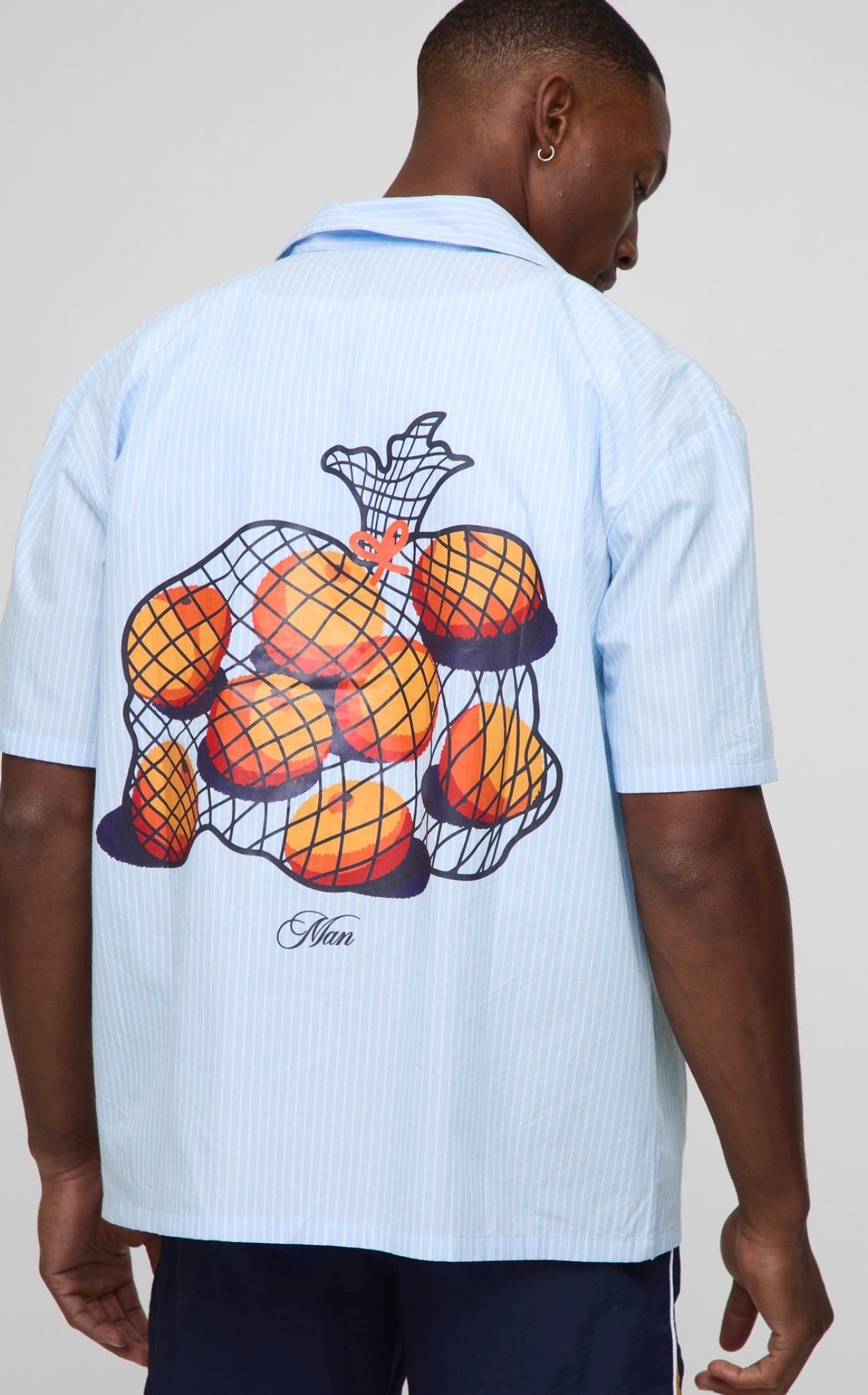BoohooMAN Oversized Revere Fruit Print Stripe Shirt