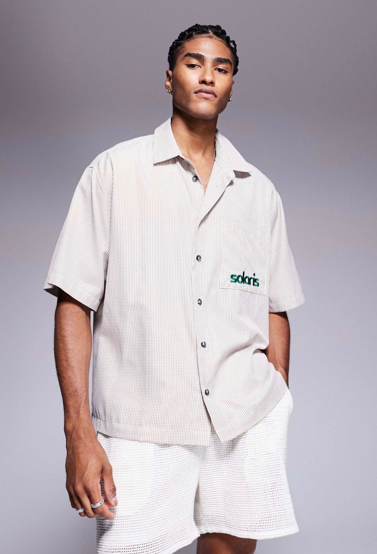 ASOS DESIGN boxy oversized check shirt with chest embroidery in beige