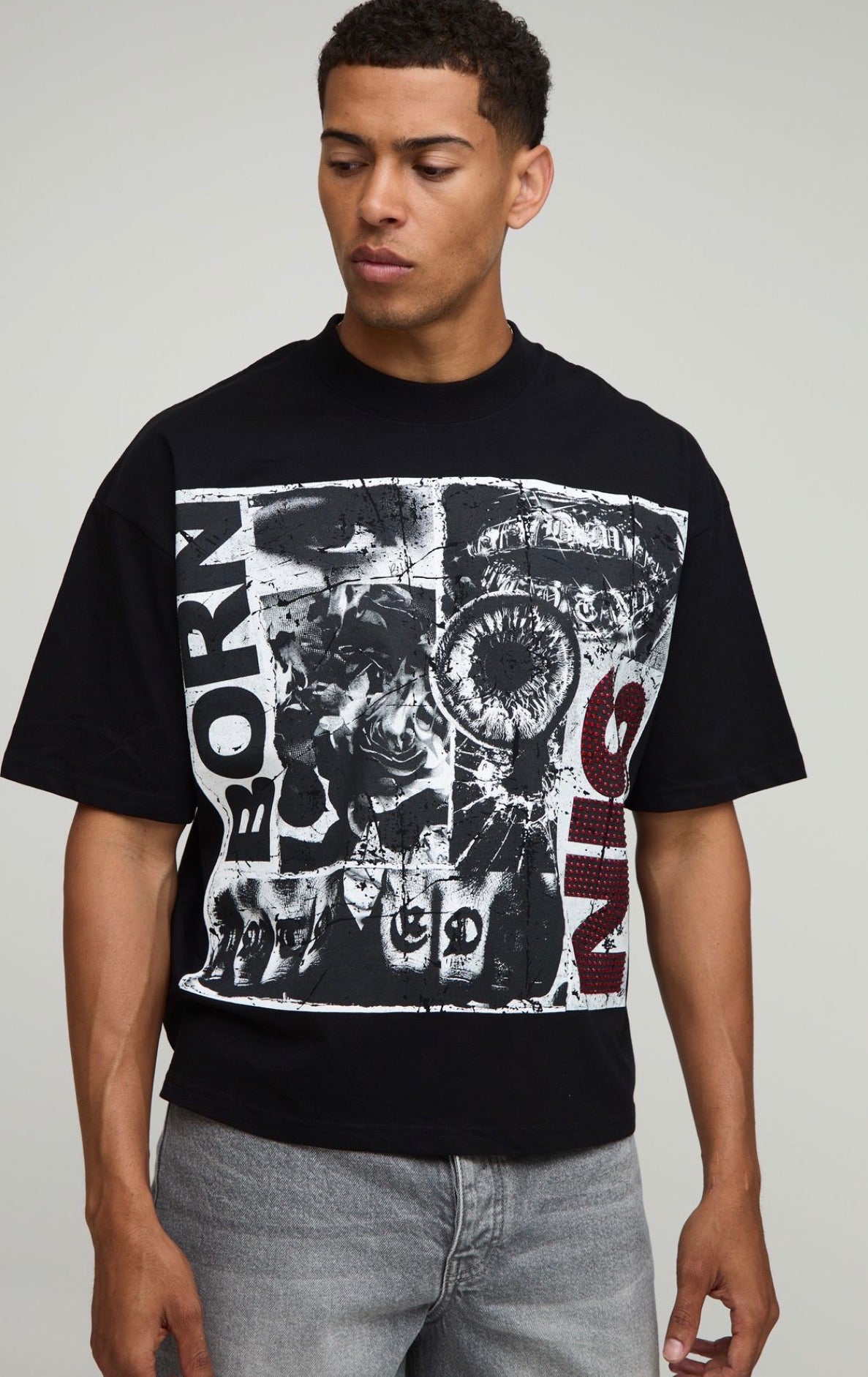 BoohooMAN Black Oversized Boxy Rhinestone Grunge T-Shirt