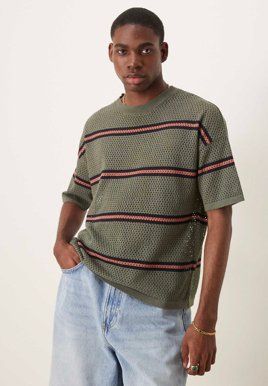 ASOS DESIGN relaxed open knitted stripe t-shirt in green