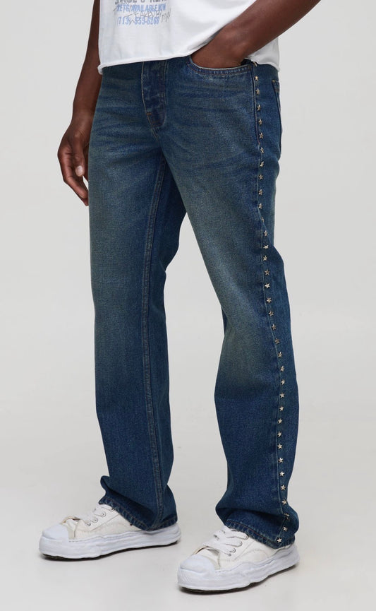 BoohooMAN Slim Flared Antique Blue Star Studded Jeans