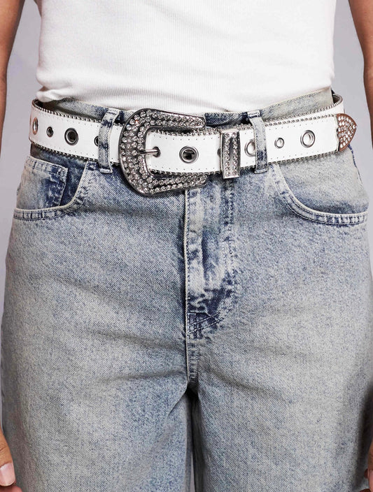 ASOS DESIGN western cowboy eyelet belt in glitter white faux leather