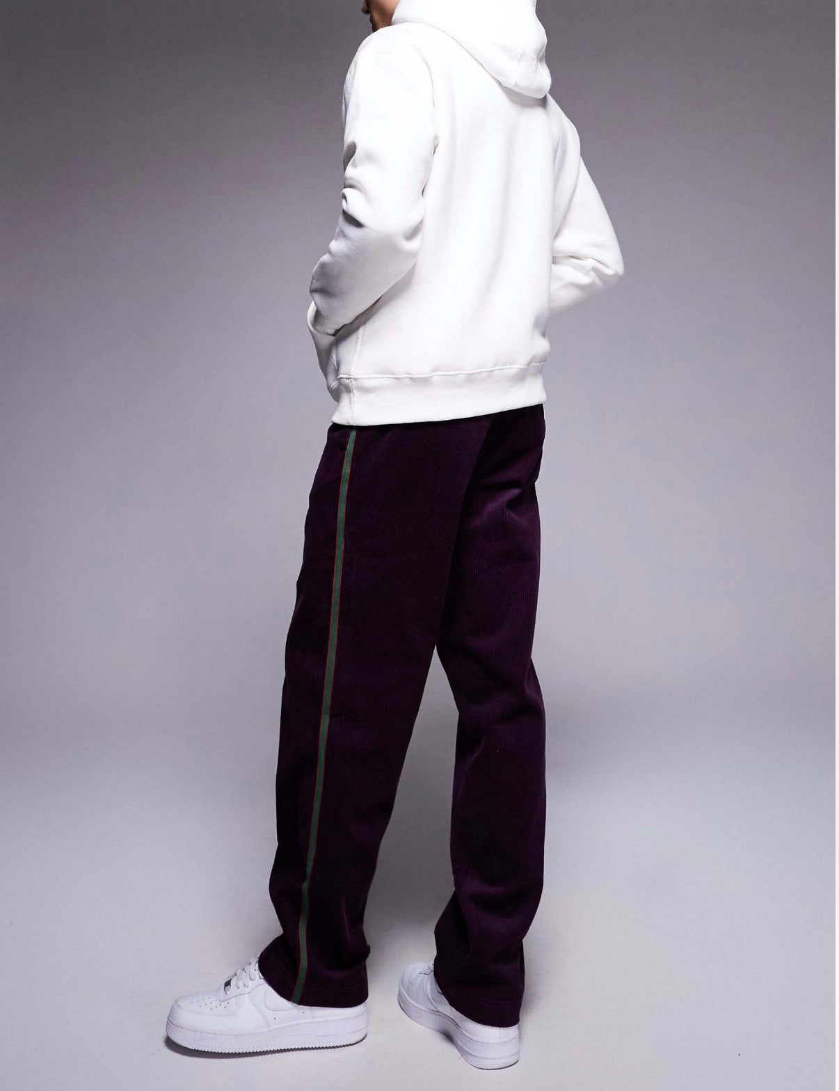 ASOS DESIGN pull on trouser in purple cord with stripe detail