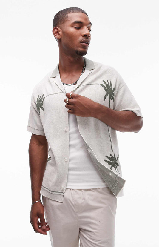 Topman knitted revere polo with palm embroidery in white