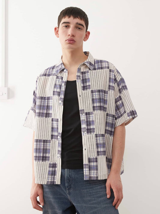 Reclaimed Vintage short sleeve boxy shirt with spliced stripe and check