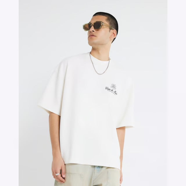 River Island Mens T-shirt White Textured Casa Patch