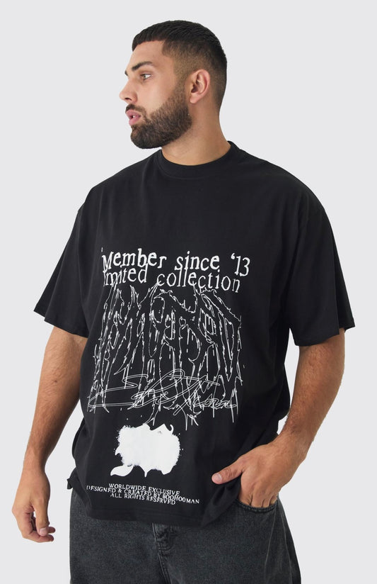 BoohooMAN Plus Oversized Extended Neck Limited Print T-Shirt