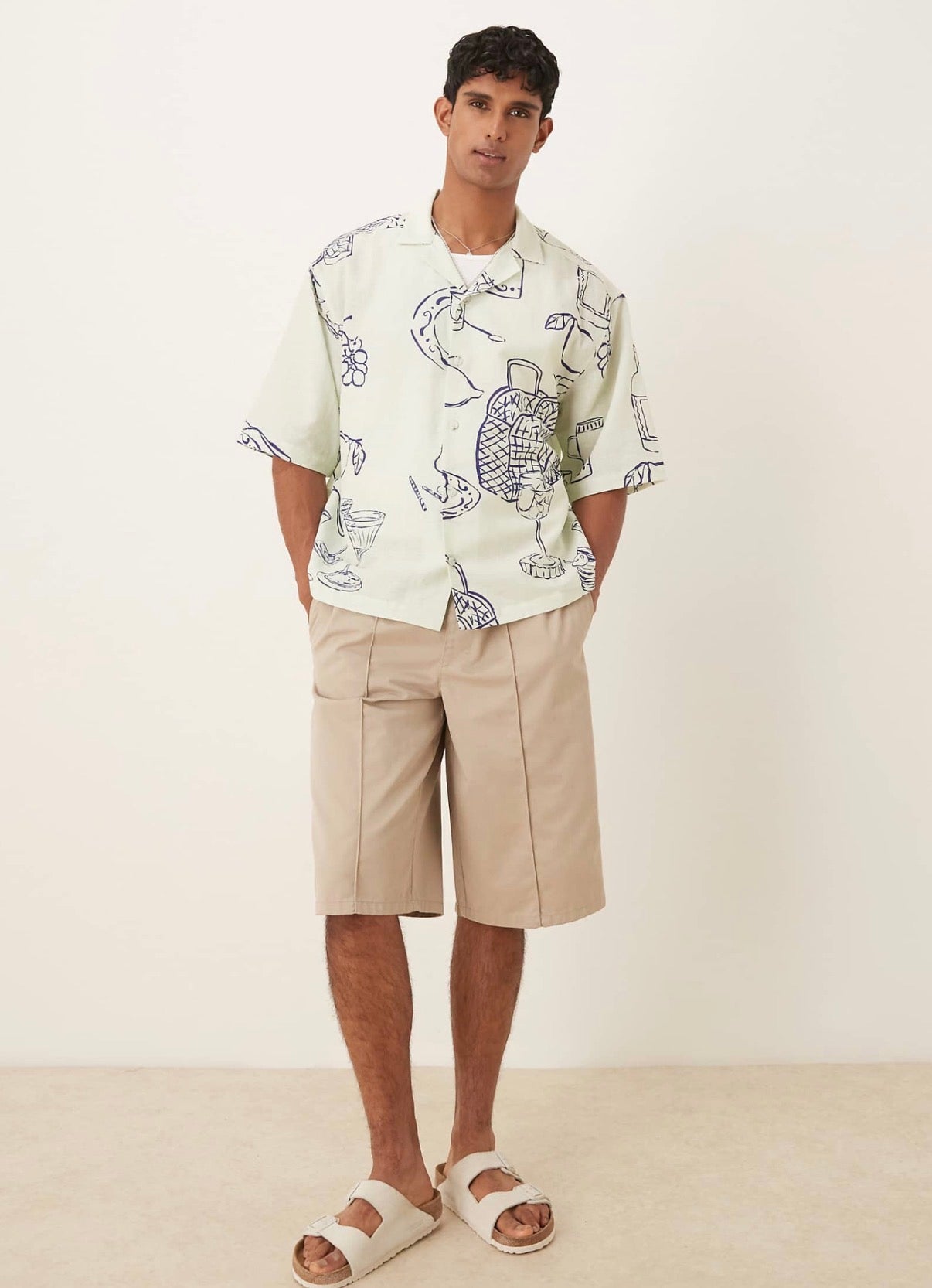 ASOS DESIGN boxy oversized revere shirt with picnic print in cream