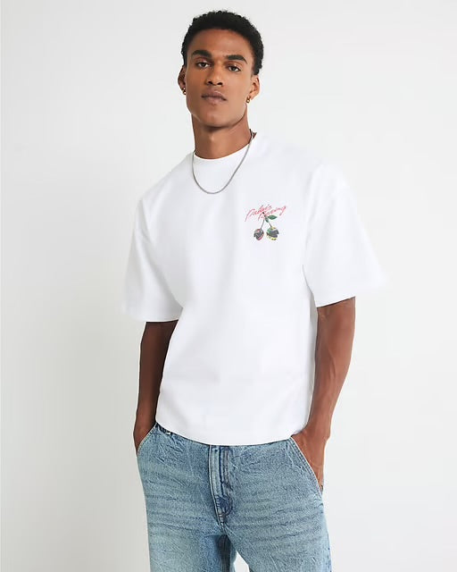 River Island Mens T-Shirt White Oversized Fit Racing Cherry