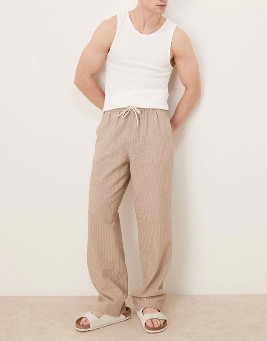 ASOS DESIGN straight fit pull on trouser in beige and white stripe