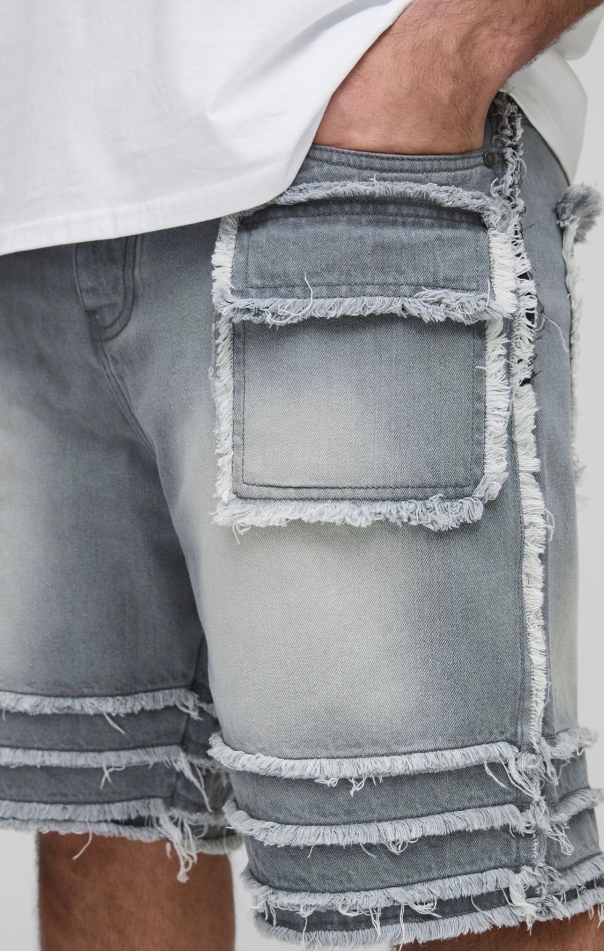 BoohooMAN Plus Slim Fit Frayed Panel Denim Shorts