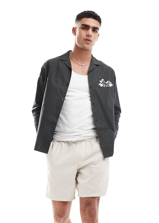 ASOS DESIGN relaxed revere shirt with cherub placement print in charcoal