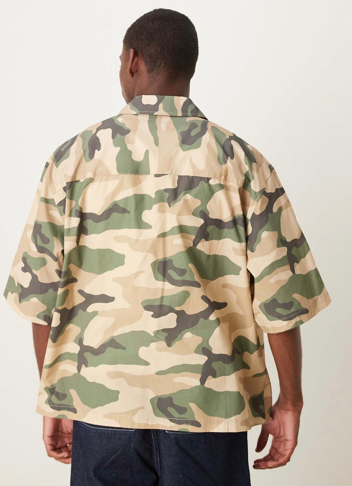 ASOS DESIGN boxy oversized shirt with chest embroidery in camo print