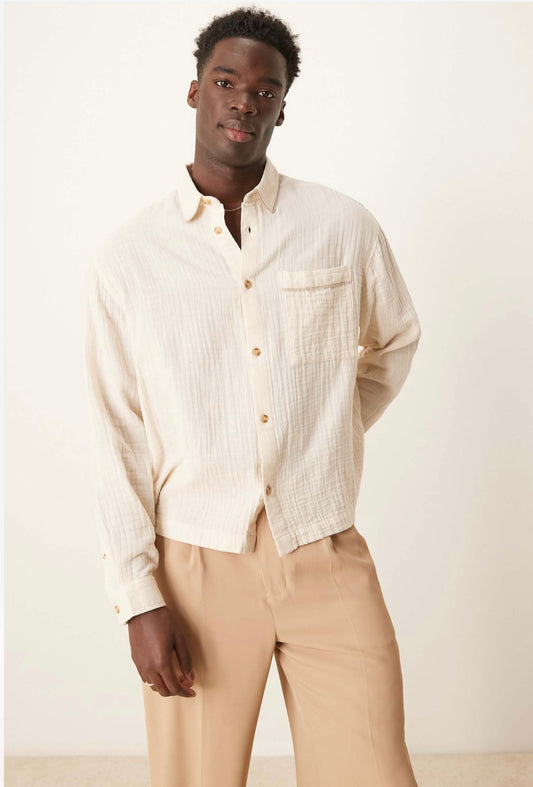 ASOS DESIGN boxy textured regular shirt with piping detail in beige