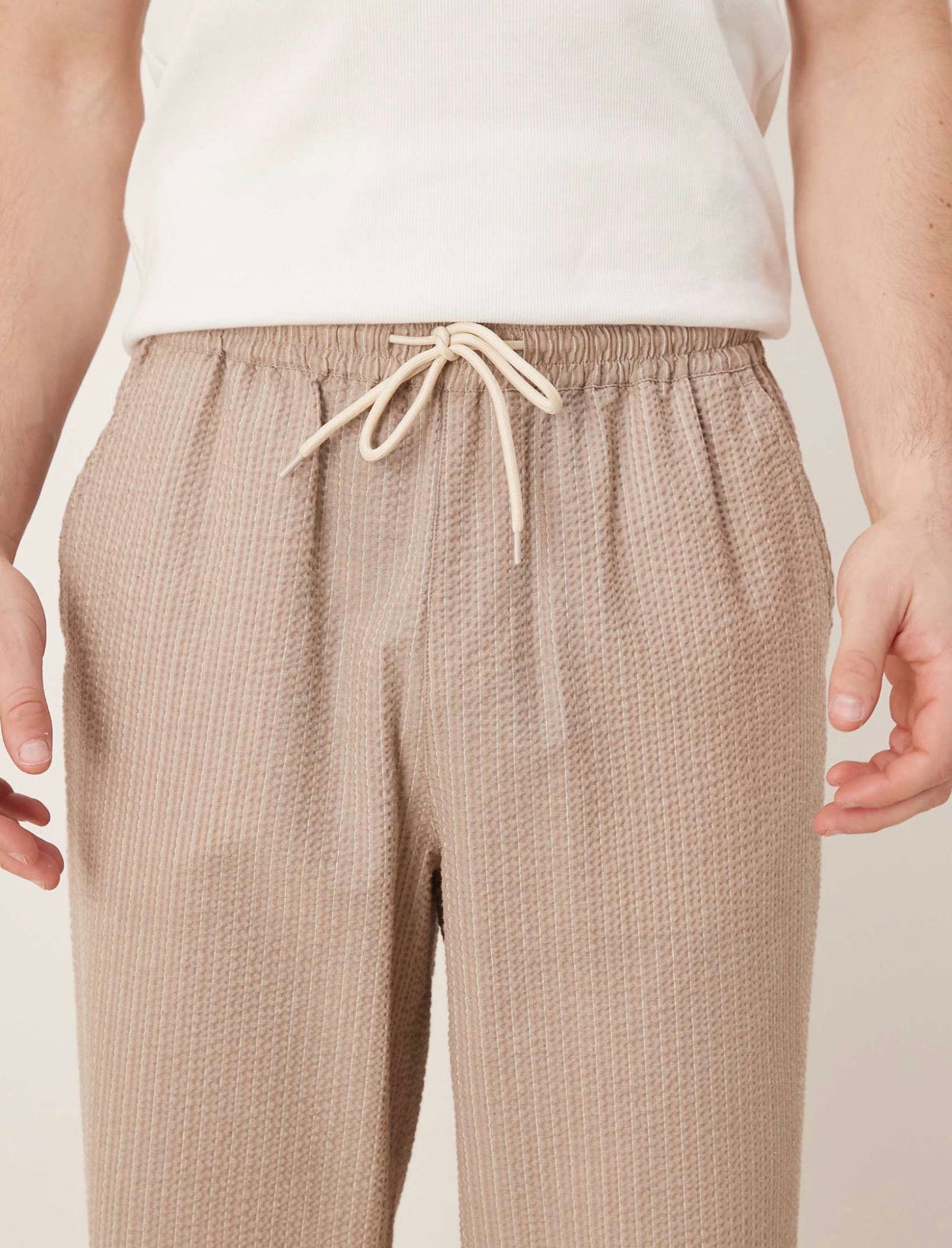 ASOS DESIGN straight fit pull on trouser in beige and white stripe