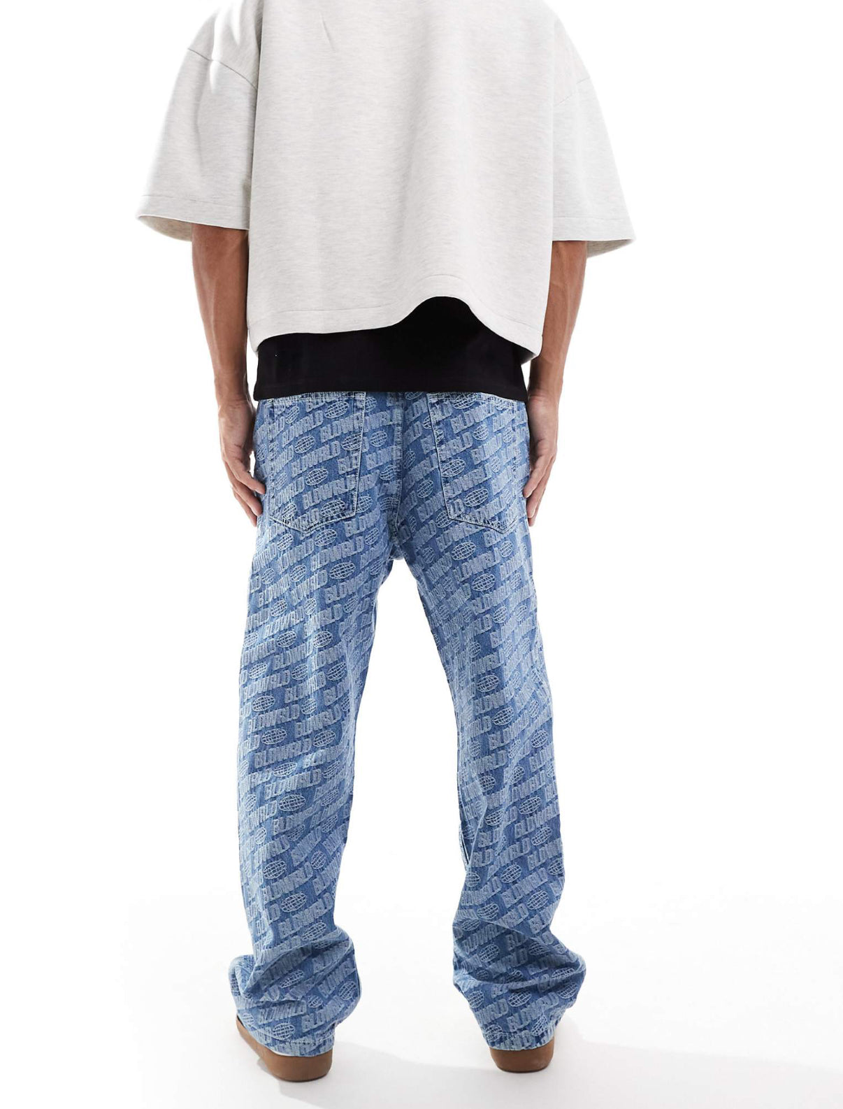Bershka printed baggy jean in blue