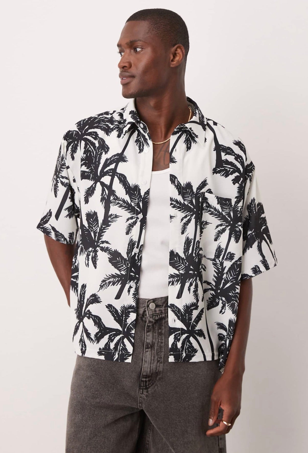 ASOS DESIGN oversized boxy shirt with palm print in mono