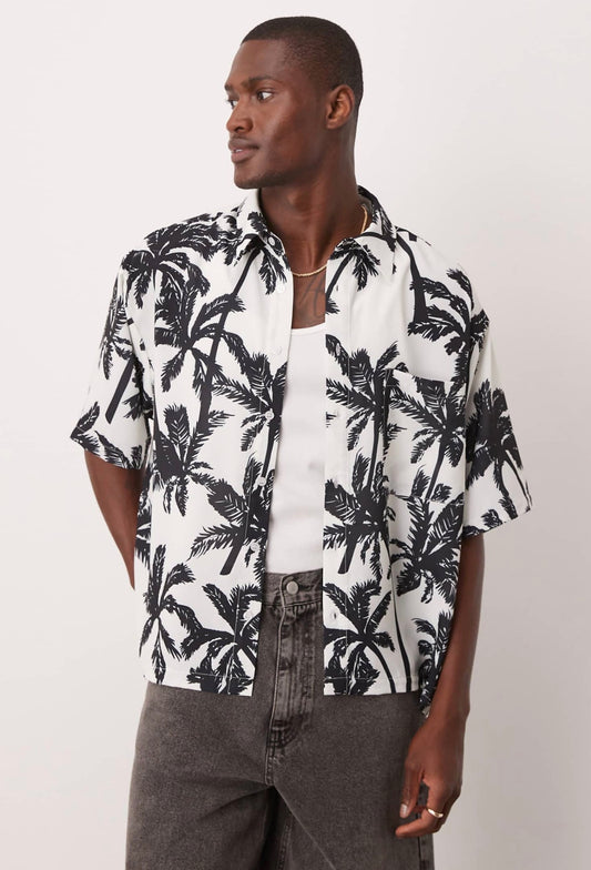ASOS DESIGN oversized boxy shirt with palm print in mono